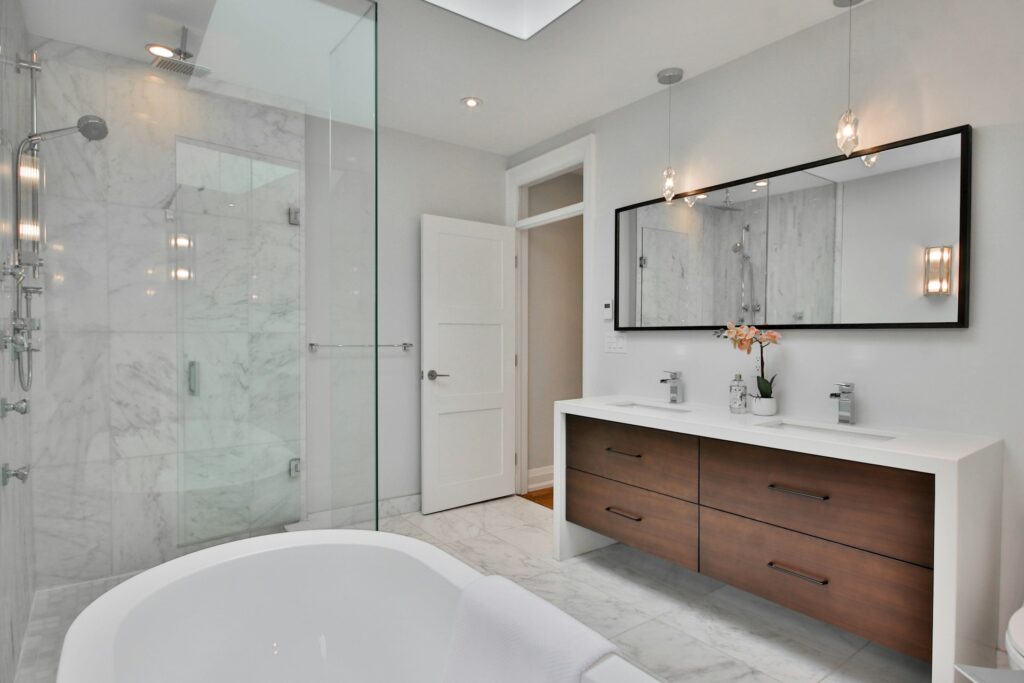 Professional real estate photography of luxury bathroom with freestanding bathtub