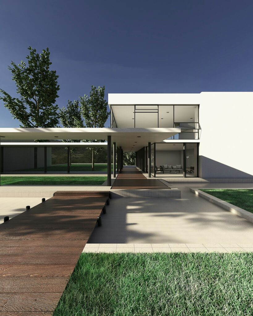 Professional real estate photography of modern house exterior