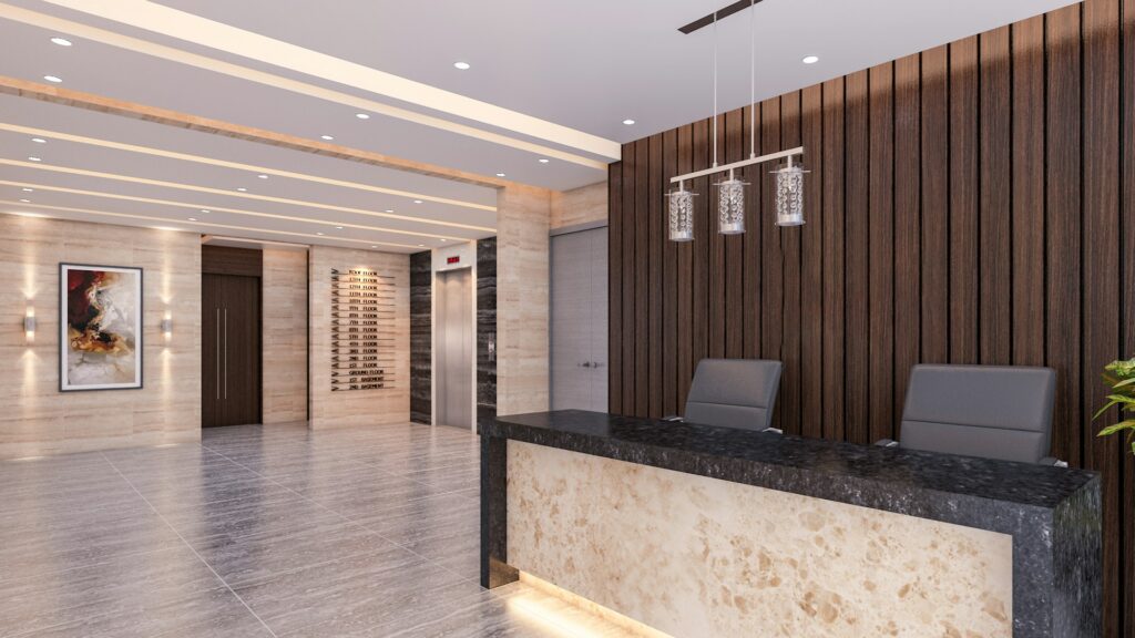 Professional real estate photography of modern office reception with marble details